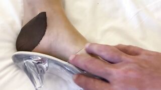 Cum on clear high heel mules and nylon foot
