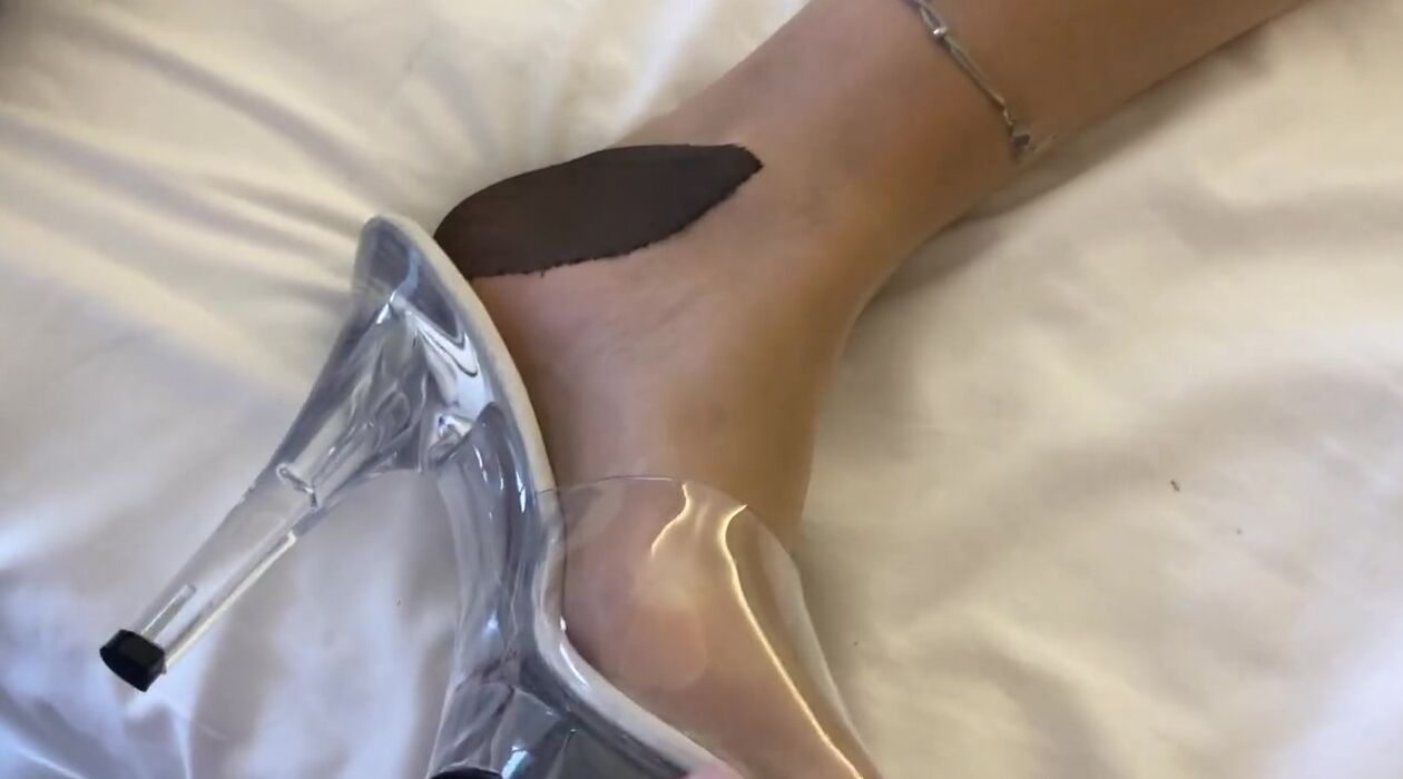 Love4Porn Presents Cum on clear high heel mules and nylon foot
