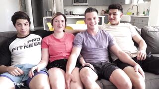 three bi strong men and one skank with nice booty