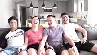 three bi strong men and one skank with nice booty