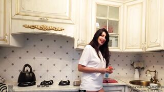 Stepmom without underwear cooks breakfast for stepson