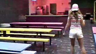 Outdoors 18 year old masturbates inside arcade toilets