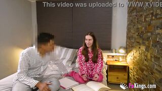 Slender teenage bae seduces her study-buddy at home for a
