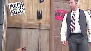 Dark Haired babe gets on her knees and gags on a monstrous penis