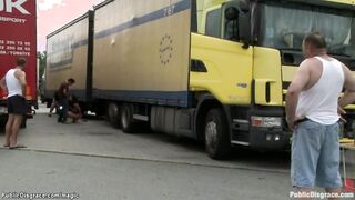 Busty little Euro slave public banged