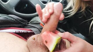 goddess milf blows long penis along with watermelon on it