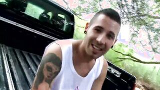 A dark haired with a gaping snatch gets screwed into the woods!