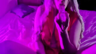 close up transparent vibrator sucking off. sexy blonde tries her new dildo and her holes - march foxie