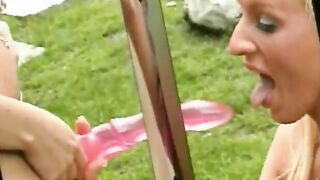 Lesbo 18 year old with nice hooters uses a strap on to plowed another dyke teens