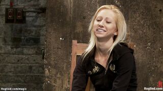 Hogtied blonde suffers suspension