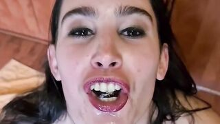 Thirsty hoe pisses inside cup to repeatedly gargle and drink it as she talks filthy