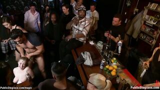 Busty slut anal fucked in crowded bar