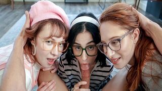 Three nerdy chicks are this lucky guys wildest dream