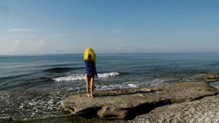 Dancing on Mediterranian Sea Beach with Yellow-Blue Shawl