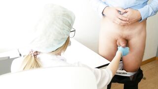 Big Titted Doctor milking the prostate.Stuck her finger inside anal