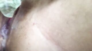 Bimbo busts her holes with a fat glass vibrator