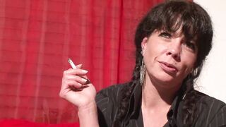 German dark haired cougar eager to wait dedicates herself to cool off her bald twat with a huge vibrator while being recorded
