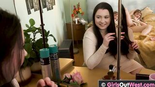 Big Titted bushy lesbo gets boned with hairbrush