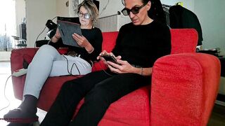 Step dad comes home - while step cougar jerks step son's dick on the couch