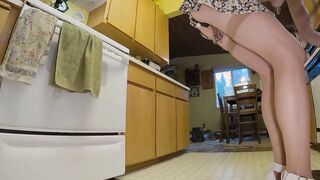 Longpussy, Into the kitchen, Ass Plugs, Lots of Lube, Pierced hot cougar, Short Skirt, Floppy Boobs and some food prep.