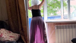 Through a transparent mom dress, you can view her butt for anal sex