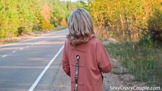 Hot cougar Tiffany walks nude on the road and gets cunnilingus inside the vehicle on the side of the road