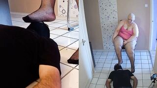 Worshiping the fishnets foot of a BBW