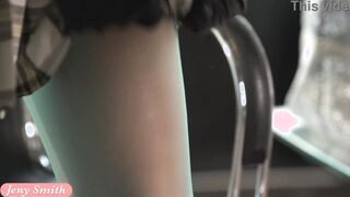 Tease her or him. Jeny Smith measures transparent stockings