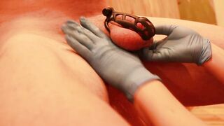 Wrecked Orgasm after 8 Weeks into Chastity Cage - evil Gf Enjoying ruining and cbt and husband is subordinate