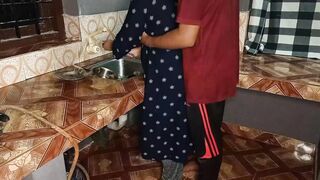 long butt maid xxx nailed inside kitchen Stand while washing