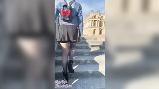 Flashing Outdoors inside mini skirt and nylon tights