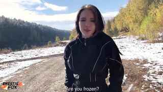 Сrazy women takes off her clothes into cold and warms