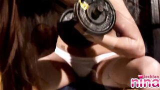 Lesbo Nina strip naked into gym and kitchen