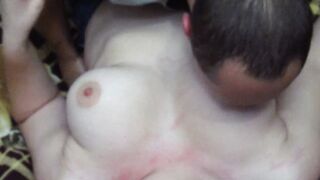 Hubby licks his young wifey's long natural hooters and nipples