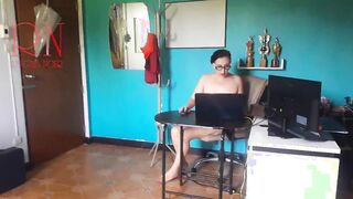 Nudist secretary. Nude employee inside the office. Naked bitch is not shy about her boss. Naked office. Titted, nipples, booty, p
