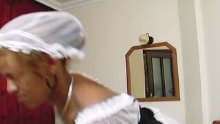 Big Boobed black maid getss a long load of cum into her mouth