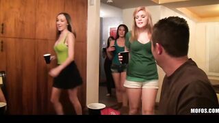 three huge jugs 19 yo Girl girlfriends fuck in gang-bang party