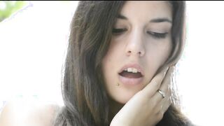 Thin dark hair 18 yo gets nude down and masturbates outside