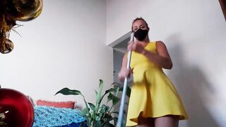 Fiance cleans inside her yellow dress