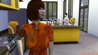 StepSON Catches His Korean Cougar Masturbating Into Front Of The