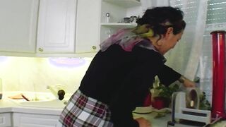 Turned On and big tit German mom enjoy eating cum inside the kitchen