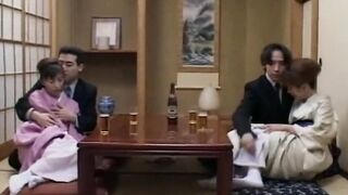 Japanese fourway nailed group sex gets soak and messy