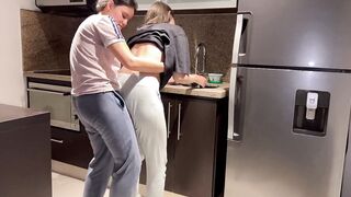 Wifey nailed rough with tongue while washing dishes inside the kitchen, getting her to cum before her stepmom gets home.
