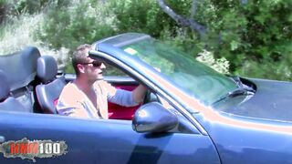 Inked blonde hitchhiker Milky Cooper gets nailed by a huge dick inside a convertible