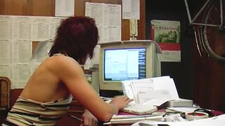 Lusty German red haired masturbating inside the office