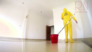 Nude maid cleans office space. Maid without underwear. Office C1