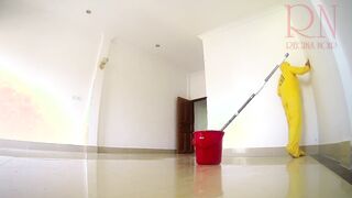 Nude maid cleans office space. Maid without underwear. Office C1