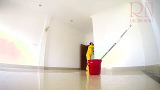 Nude maid cleans office space. Maid without underwear. Office C1