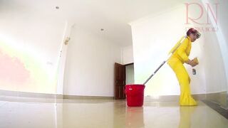 Nude maid cleans office space. Maid without underwear. Office C1