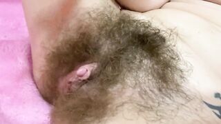 Pulsating clit orgasm close up masturbation and grool play with bushy snatch